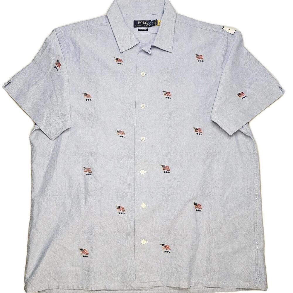 Ralph Lauren Shirt Men's Large Blue All Over American Flag Patriot Classic Fit